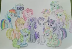 Size: 4018x2738 | Tagged: safe, artist:prinrue, derpibooru import, applejack, fluttershy, pinkie pie, rainbow dash, rarity, twilight sparkle, twilight sparkle (alicorn), oc, oc:midnight serenade, oc:novella, oc:page turner, oc:silver gears, oc:starshine note, oc:sunshine spark, alicorn, earth pony, pony, unicorn, alternate mane six, colored pencil drawing, female, glasses, group, mane six, mare, one eye closed, simple background, spread wings, traditional art, white background, wings, wink