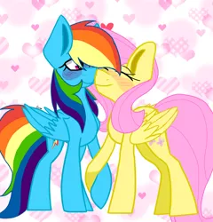 Size: 1024x1065 | Tagged: safe, artist:circuspaparazzi5678, derpibooru import, fluttershy, rainbow dash, pegasus, pony, base used, blushing, female, flutterdash, folded wings, heart, holding hooves, kissing, lesbian, mare, shipping, smiling, standing, wings