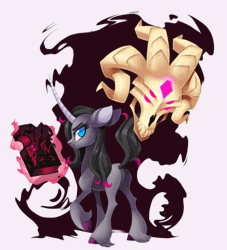 Size: 600x660 | Tagged: safe, artist:centchi, artist:szafir87, derpibooru import, fhtng th§ ¿nsp§kbl, oleander (tfh), classical unicorn, unicorn, them's fightin' herds, 666, animated, black magic, book, cinemagraph, cloven hooves, community related, curved horn, eldritch abomination, female, glowing eyes, leonine tail, lidded eyes, looking back, mare, no pupils, skull, unicornomicon, unshorn fetlocks