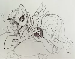 Size: 3380x2654 | Tagged: safe, artist:ketty, derpibooru import, princess luna, alicorn, pony, female, grayscale, heart, looking at you, mare, monochrome, sketch, smiling, solo