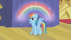 Size: 1280x720 | Tagged: safe, deleted from derpibooru, derpibooru import, screencap, rainbow dash, pegasus, pony, boast busters, curtain, female, mare, musical instrument, rainbow, solo, sparkles, stage, trumpet