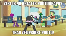 Size: 865x486 | Tagged: suggestive, derpibooru import, edit, edited screencap, screencap, mystery mint, photo finish, sandalwood, equestria girls, friendship games, photo finished, boots, cafeteria, celery, clothes, food, football, high heel boots, image macro, meme, orange, shoes, sports, table