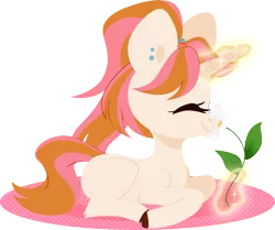 Size: 3768x3144 | Tagged: safe, artist:belka-sempai, derpibooru import, oc, oc:belka, unofficial characters only, pony, unicorn, eyes closed, female, filly, flower, glowing horn, hooves, horn, levitation, lineless, lying down, magic, mare, missing cutie mark, pigtails, profile, prone, simple background, smiling, solo, telekinesis, transparent background