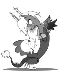 Size: 1024x1325 | Tagged: artist:loreto-arts, black and white, coils, derpibooru import, discord, dispike, draconequus, dragon, eris, erispike, female, grayscale, half r63 shipping, hug, male, monochrome, rule 63, safe, shipping, simple background, spike, straight, transparent background