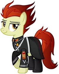 Size: 3100x3900 | Tagged: safe, artist:a4r91n, derpibooru import, oc, oc:para focului, unofficial characters only, earth pony, pony, boots, clothes, food, lidded eyes, looking at you, pear, shoes, simple background, skirt, smug, solo, transparent background, uniform, vector