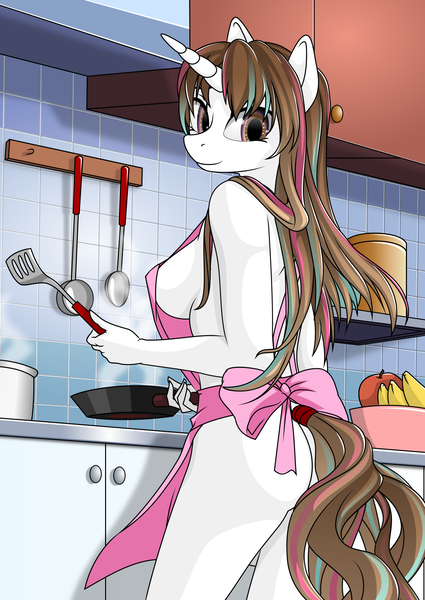 Size: 1250x1763 | Tagged: questionable, artist:up1ter, derpibooru import, oc, oc:pitalo, unofficial characters only, anthro, unicorn, anthro oc, apple, apron, banana, breasts, clothes, commission, cooking, female, food, looking at you, mare, naked apron, sideboob, solo, solo female