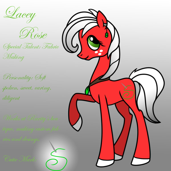 Size: 1280x1280 | Tagged: safe, artist:pampoke, derpibooru import, oc, oc:lacey rose, unofficial characters only, earth pony, pony, an apple and four angels, ask, bio, cutie mark, ear piercing, earring, female, freckles, gradient background, jewelry, mare, necklace, offspring, parent:big macintosh, parent:fluttershy, parents:fluttermac, piercing, raised hoof, solo, tumblr