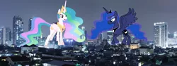 Size: 3500x1313 | Tagged: safe, artist:dashiesparkle, artist:theotterpony, derpibooru import, princess celestia, princess luna, alicorn, pony, city, giant pony, giantlestia, highrise ponies, indonesia, irl, jakarta, macro, night, photo, ponies in real life, royal sisters, story in the source