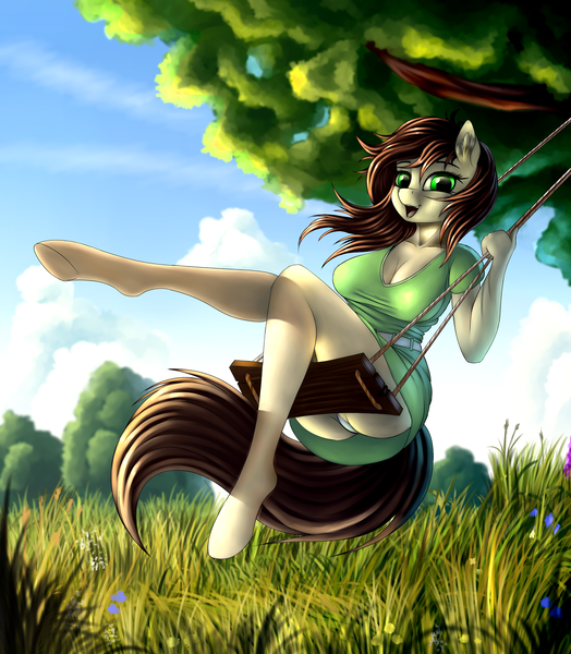 Size: 1628x1863 | Tagged: anthro, artist:pony-way, beautiful, belt, breasts, clothes, derpibooru import, dress, grass, oc, oc:lucid dream, panties, questionable, skirt, skirt lift, swing, tree, underwear, unguligrade anthro, upskirt, white underwear, ych result