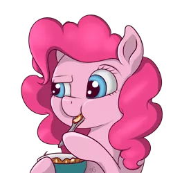 Size: 3000x3000 | Tagged: safe, artist:xchan, derpibooru import, pinkie pie, earth pony, pony, apple, bowl, cereal, doubt, eating, female, food, oatmeal, oats, raised eyebrow, simple background, solo, spoon, transparent background