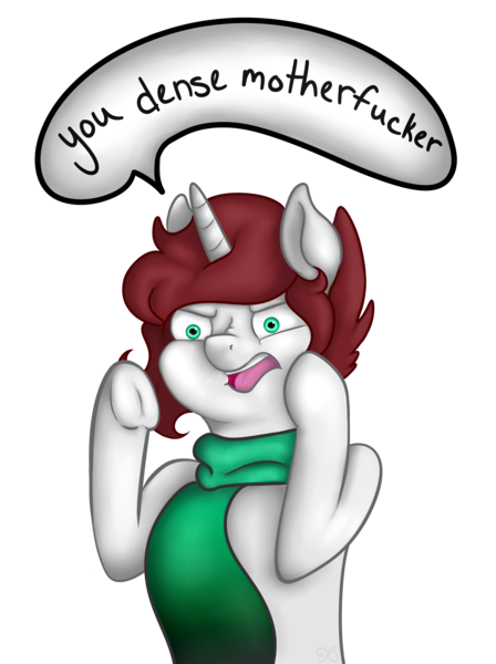 Size: 2673x3576 | Tagged: safe, artist:xchan, derpibooru import, oc, oc:cotton coax, unicorn, clothes, meme, scarf, simple background, speech, swearing, transparent background, vulgar, you dense motherfucker