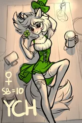 Size: 716x1070 | Tagged: suggestive, artist:tomatocoup, derpibooru import, anthro, unguligrade anthro, adorasexy, alcohol, beautiful, beer, clothes, clover, commission, corset, cute, dress, female, four leaf clover, holiday, irish, saint patrick's day, sexy, skirt, skirt lift, solo, solo female, stockings, thigh highs, your character here, zettai ryouiki