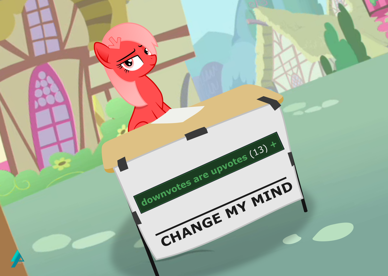 Size: 1547x1099 | Tagged: safe, artist:arifproject, derpibooru import, oc, oc:downvote, ponified, unofficial characters only, pony, derpibooru, change my mind, derpibooru ponified, downvotes are upvotes, meme, meta, paper, paradox, ponyville, sitting, solo, steven crowder, table, tags, tape, vector