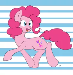 Size: 2711x2790 | Tagged: safe, artist:feralroku, derpibooru import, oc, oc:confetti, unofficial characters only, earth pony, pony, female, irc, mare, pinkie clone, raised hoof, smiling, solo, walking