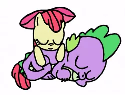 Size: 537x405 | Tagged: safe, artist:closer-to-the-sun, derpibooru import, apple bloom, spike, dragon, pony, cuddling, cute, female, hug, interspecies, male, shipping, simple background, sleeping, spikebloom, straight, white background