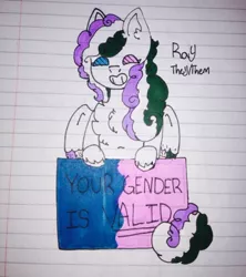 Size: 540x607 | Tagged: safe, artist:sparki-katt, derpibooru import, oc, oc:ray, pegasus, pony, cute, genderqueer, genderqueer pride flag, lined paper, positive ponies, pride, pride ponies, smiling, solo, traditional art