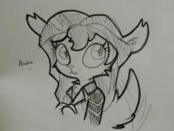 Size: 4160x3120 | Tagged: safe, artist:tjpones, derpibooru import, sunset shimmer, anthro, dog, awoo, bust, cheek fluff, clothes, cute, dialogue, dogified, ear fluff, female, grayscale, monochrome, shimmerbetes, simple background, solo, species swap, tail wag, traditional art