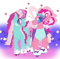 Size: 828x812 | Tagged: safe, artist:goatpaste, derpibooru import, minty, pinkie pie, earth pony, pony, clothes, female, g3, heart eyes, lesbian, mare, mintypie, open mouth, shipping, simple background, smiling, transparent background, wingding eyes