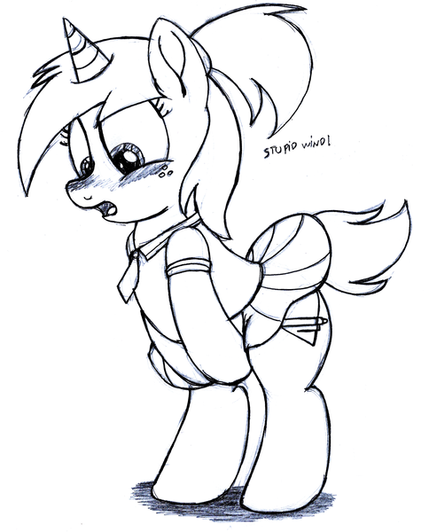 Size: 2418x3000 | Tagged: safe, artist:an-tonio, derpibooru import, oc, oc:silver draw, pony, bipedal, blushing, clothes, covering, cute, embarrassed, freckles, marilyn monroe, monochrome, pleated skirt, ponytail, school uniform, schoolgirl, skirt, skirt lift, skirt pull, solo, speech, upskirt, wind