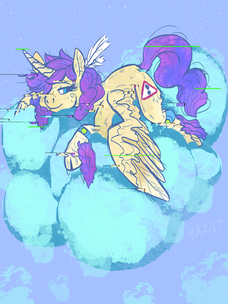 Size: 675x900 | Tagged: 4chan, alicorn, alula, artist:sun-shimmer, cloud, derpibooru import, error, glitch, lying on a cloud, pluto, princess erroria, safe, solo, wristband