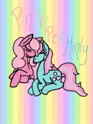 Size: 768x1024 | Tagged: safe, artist:jj-is-my-name98, derpibooru import, minty, pinkie pie, earth pony, pony, abstract background, crossed hooves, eyes closed, female, g3, lesbian, lying down, mare, mintypie, shipping