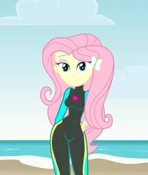 Size: 2144x2542 | Tagged: suggestive, alternate version, artist:dirty mike, derpibooru import, fluttershy, equestria girls, equestria girls series, lost and found, belly button, breasts, clothes, eyeshadow, female, makeup, solo, solo female, swimsuit, wetsuit