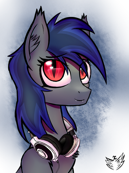 Size: 1536x2048 | Tagged: safe, artist:xeniusfms, derpibooru import, oc, oc:aphelion riley, unofficial characters only, bat pony, pony, bat pony oc, cute, cute little fangs, ear fluff, fangs, female, headset, mare, red eyes, signature, solo