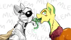 Size: 1393x784 | Tagged: suggestive, artist:testostepone, derpibooru import, oc, oc:non toxic, oc:runtime, monster pony, original species, pony, robot, robot pony, tatzlpony, female, french kiss, kissing, male, mlem, oc x oc, shipping, silly, straight, tongue out