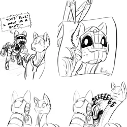 Size: 2000x2000 | Tagged: safe, artist:testostepone, derpibooru import, oc, oc:non toxic, oc:runtime, monster pony, original species, pony, robot, robot pony, tatzlpony, black and white, cheek fluff, comic, ear fluff, excited, exploitable meme, female, frown, grayscale, lineart, long neck, male, meme, monochrome, nope, nope.avi, offspring, open mouth, reeee, scared, scroll, shipping, simple background, smiling, speech bubble, straight, tentacles, white background, wide eyes, worried