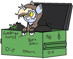 Size: 623x502 | Tagged: safe, artist:nootaz, derpibooru import, oc, oc:nootaz, unofficial characters only, pony, unicorn, clothes, coat markings, dumpster, garbage bin, noose, ponysona, rags, self deprecation, simple background, socks (coat marking), solo, transparent background