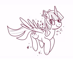 Size: 656x531 | Tagged: alicorn, artist:rabbitasaur, derpibooru import, female, flying, horn, mare, monochrome, safe, simple background, sketch, solo, sparkles, twilight sparkle, twilight sparkle (alicorn), white background, wings, wip