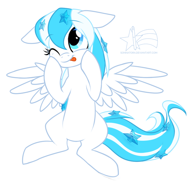 Size: 1011x961 | Tagged: safe, artist:sonnatora, derpibooru import, oc, oc:starline, unofficial characters only, pegasus, pony, female, looking up, mare, one eye closed, simple background, solo, spread wings, tongue out, white background, wings