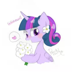 Size: 640x640 | Tagged: safe, artist:1drfl_world_end, derpibooru import, twilight sparkle, twilight sparkle (alicorn), alicorn, pony, bouquet, bust, female, flower, flower in hair, folded wings, heart, looking at you, mare, pictogram, simple background, smiling, solo, speech bubble, white background