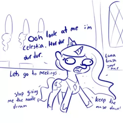 Size: 1650x1650 | Tagged: safe, artist:tjpones, derpibooru import, princess luna, alicorn, pony, crown, dialogue, faic, female, funny, funny as hell, implied princess celestia, jewelry, mare, mocking, monochrome, noodle incident, open mouth, regalia, simple background, solo, this will end in tears and/or a journey to the moon, white background, woonoggles