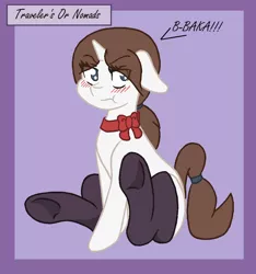 Size: 1024x1094 | Tagged: safe, artist:the annoying tac, derpibooru import, oc, oc:smiley, unofficial characters only, unicorn, blushing, clothes, crossdressing, male, ribbon, socks, solo, stallion, trap, travelers or nomads, tsundere