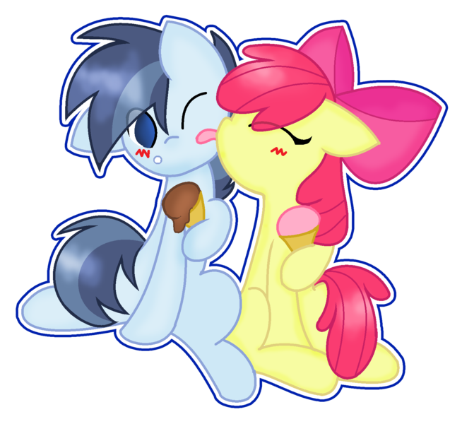 Size: 1518x1392 | Tagged: safe, artist:sapphireartemis, derpibooru import, apple bloom, shady daze, earth pony, pony, blushing, bow, crack shipping, female, hair bow, licking, male, shadybloom, shipping, side hug, simple background, straight, tongue out, transparent background
