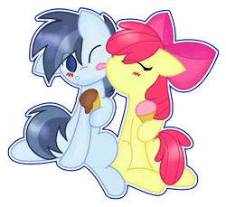 Size: 1518x1392 | Tagged: safe, artist:sapphireartemis, derpibooru import, apple bloom, shady daze, earth pony, pony, blushing, bow, crack shipping, female, hair bow, licking, male, shadybloom, shipping, side hug, simple background, straight, tongue out, transparent background