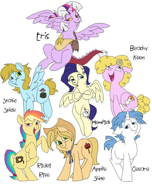 Size: 700x850 | Tagged: artist:zee-stitch, derpibooru import, hybrid, interspecies offspring, oc, oc:apple shine, oc:beachy keen, oc:cesare, oc:eris, oc:hempick, oc:rodeo rose, oc:static spice, offspring, parent:applejack, parent:braeburn, parent:bulk biceps, parent:discord, parent:fancypants, parent:fluttershy, parent:pinkie pie, parent:prince blueblood, parent:rainbow dash, parent:rarity, parents:bluejack, parents:braedash, parents:discolight, parents:flutterbulk, parents:raripants, parents:trouble pie, parent:troubleshoes clyde, parent:twilight sparkle, safe