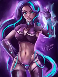 Size: 1200x1600 | Tagged: abs, armor, armpits, artist:bunsogen, belly button, breasts, derpibooru import, female, human, humanized, looking at you, smiling, solo, solo female, starlight glimmer, suggestive, unconvincing armor