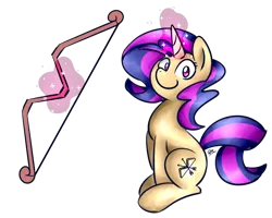 Size: 1280x1024 | Tagged: safe, artist:sugar morning, derpibooru import, oc, oc:radiance, unofficial characters only, pony, unicorn, archery, bow (weapon), commission, cute, female, glowing horn, looking at you, magic, magic aura, mare, simple background, sitting, smiling, solo, sweet, telekinesis, transparent background