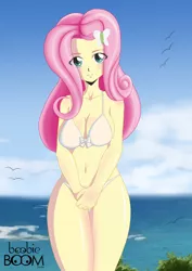 Size: 800x1132 | Tagged: suggestive, artist:tittoons, derpibooru import, fluttershy, equestria girls, beach, bikini, bow swimsuit, breasts, busty fluttershy, cleavage, clothes, female, legs, lidded eyes, looking at you, sexy, solo, solo female, swimsuit, white swimsuit, wide hips