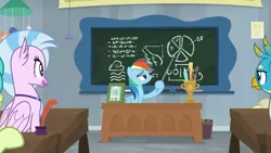 Size: 1280x720 | Tagged: safe, derpibooru import, screencap, gallus, rainbow dash, sandbar, silverstream, classical hippogriff, gryphon, hippogriff, school daze, chalkboard, jewelry, necklace, paintbrush, pencil, photo frame, pointer, quill, ruler, trophy