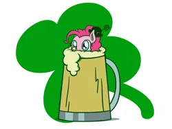 Size: 1800x1350 | Tagged: safe, artist:flutterluv, derpibooru import, pinkie pie, earth pony, pony, cider, cup, cup of pony, cute, diapinkes, female, holiday, mare, micro, mug, ponk, saint patrick's day, simple background, solo, tankard, white background