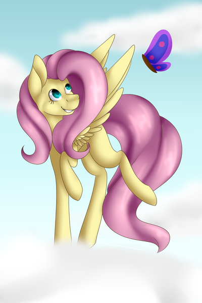 Size: 2000x3000 | Tagged: safe, artist:liamsartworld, derpibooru import, fluttershy, butterfly, pegasus, pony, cloud, female, mare, sky, solo