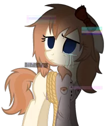 Size: 944x1096 | Tagged: semi-grimdark, artist:xmelodyskyx, derpibooru import, ponified, earth pony, pony, spoiler:doki doki literature club, base used, bow, clothes, crying, doki doki literature club, empty eyes, error, female, floppy ears, glitch, hair bow, mare, no pupils, rope, sad, sayori, shirt, simple background, solo, spoilers for another series, transparent background