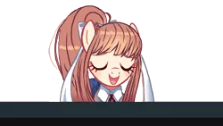 Size: 1280x720 | Tagged: safe, artist:zelphyrthesecond, derpibooru import, ponified, earth pony, pony, spoiler:doki doki literature club, bow, clothes, doki doki literature club, eyes closed, female, hair bow, mare, monika, open mouth, piano, school uniform, schoolgirl, simple background, solo, spoilers for another series, transparent background