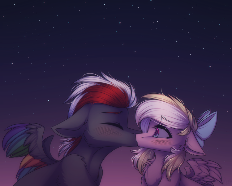 Size: 2236x1788 | Tagged: safe, artist:norra, derpibooru import, oc, oc:bay breeze, oc:mahx, unofficial characters only, pegasus, pony, bahx, blushing, bow, couple, cute, eyes closed, female, hair bow, kissing, male, mare, oc x oc, ocbetes, shipping, spread wings, stallion, stars, straight, surprise kiss, wings, ych result