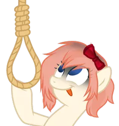 Size: 1024x1080 | Tagged: semi-grimdark, artist:xmelodyskyx, derpibooru import, ponified, earth pony, pony, spoiler:doki doki literature club, base used, bow, doki doki literature club, empty eyes, female, hair bow, imminent suicide, implied hanging, mare, no pupils, noose, reaction image, sayori, simple background, solo, spoilers for another series, tongue out, transparent background