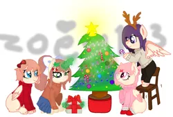 Size: 1752x1184 | Tagged: safe, artist:zoeytrent113, derpibooru import, oc, ponified, pegasus, pony, unicorn, balancing, base used, bipedal, bottomless, chair, cheek fluff, christmas, christmas tree, clothes, colored wings, colored wingtips, cute, doki doki literature club, ear fluff, female, holiday, holly, hoof hold, leg fluff, lidded eyes, magic, mare, monika, natsuki, ocbetes, pants, partial nudity, present, raised hoof, sayori, sitting, skirt, smiling, spread wings, sweater, telekinesis, tree, unshorn fetlocks, wings, yuri (ddlc)