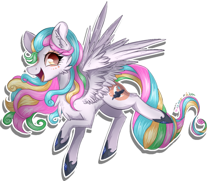 Size: 1171x1021 | Tagged: safe, artist:woonborg, derpibooru import, oc, oc:andromeda magister, unofficial characters only, pegasus, pony, cheek fluff, chest fluff, clothes, cute, ear fluff, female, fluffy, mare, ocbetes, open mouth, profile, rainbow hair, raised hoof, raised leg, shoes, signature, simple background, smiling, solo, spread wings, transparent background, wings